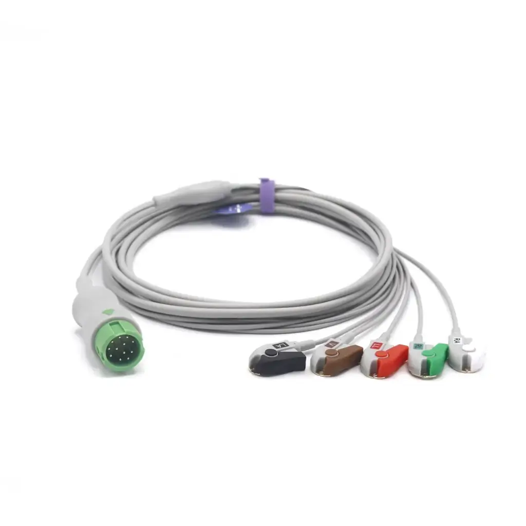 Mindray 12 Pins BENEVIEW T5/T8 with Resistor One-piece ECG Cable 5 Leads Pinch AHA Standard SG5143P